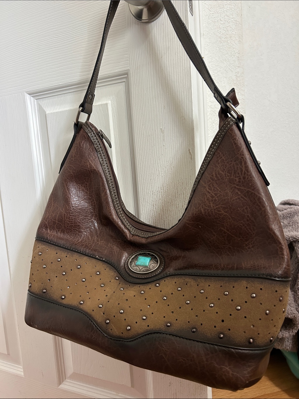 Brown Two-Tone Studded “Justin Boots” Purse With Turquoise Accent